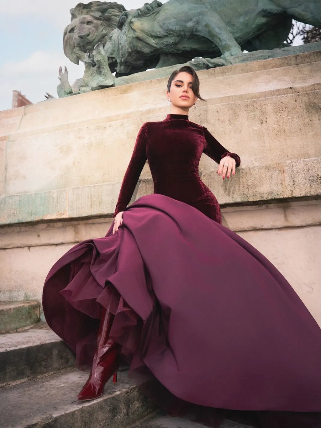 Unique Dark Purple Long Sleeves High Neck Mermaid Prom Dress YK1261