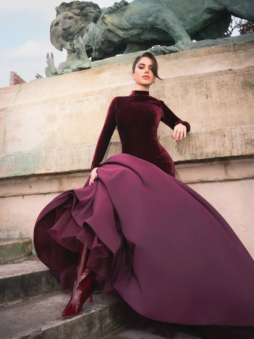 Unique Dark Purple Long Sleeves High Neck Mermaid Prom Dress YK1261