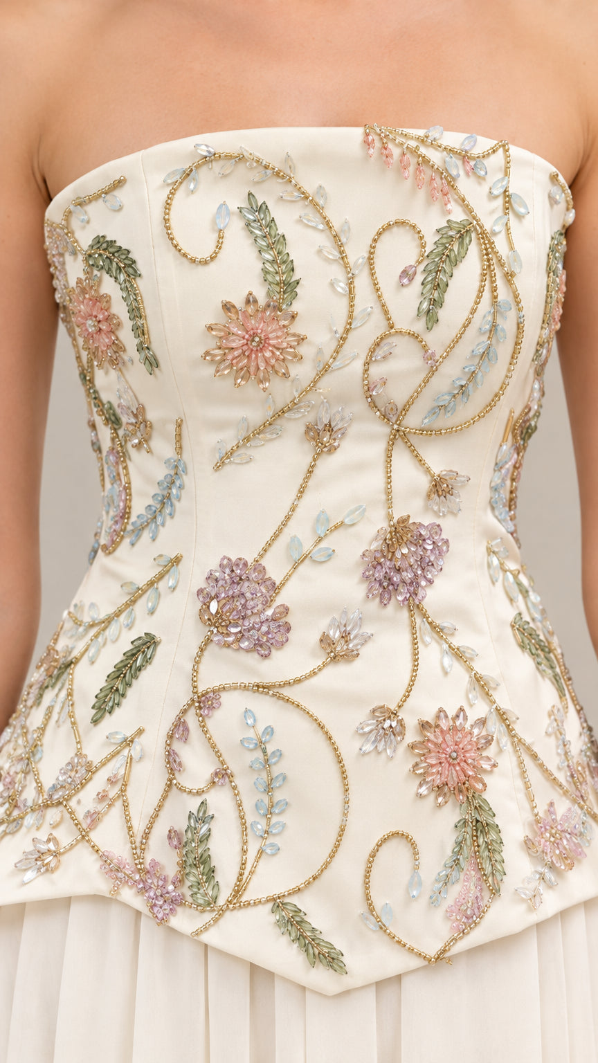 Strapless Floral Embroidered Basque Corset Maxi Evening Gown
