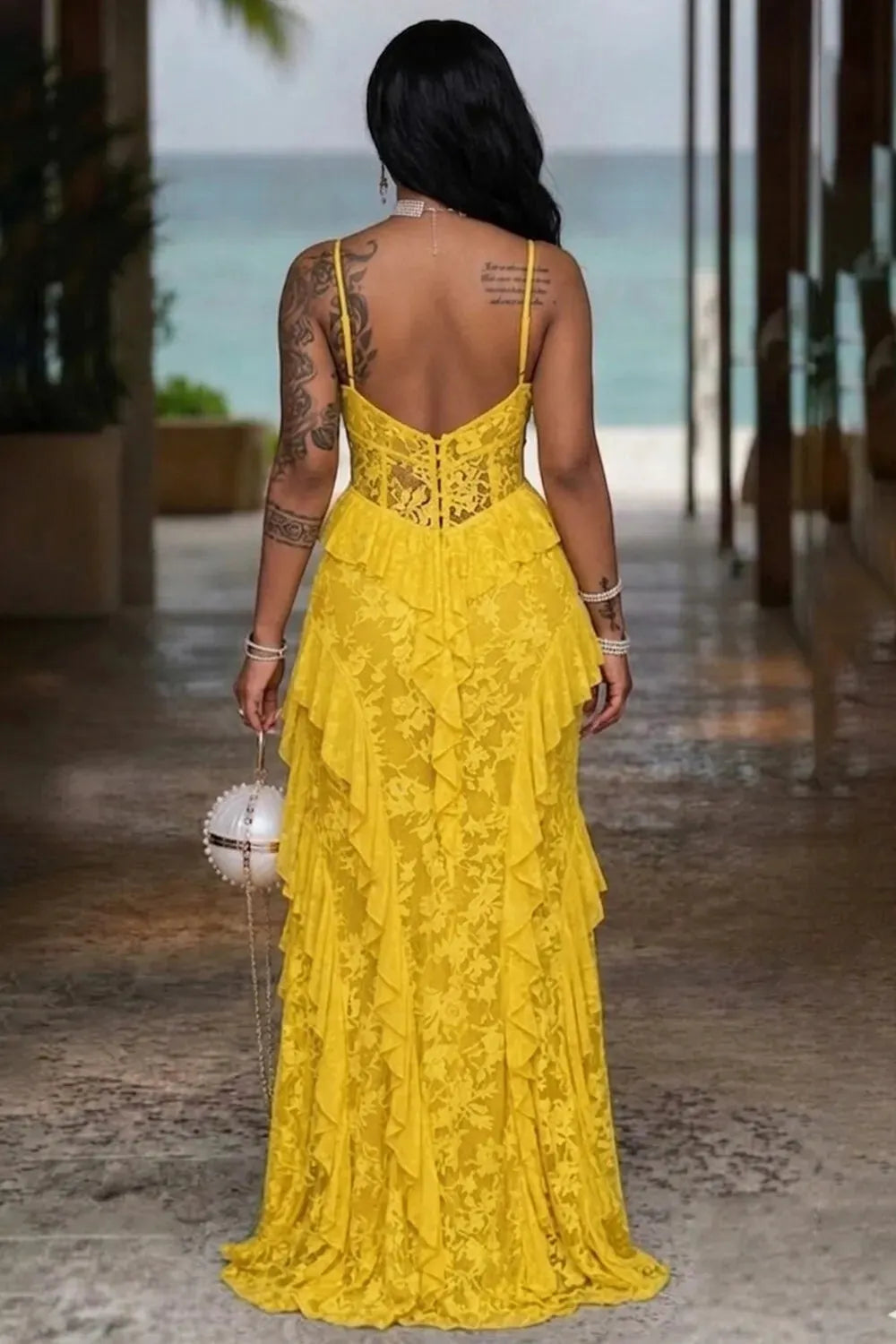 Cami Neck Waist Cut Out Irregular Ruffle Slit Maxi Dresses-Yellow [Pre Order]