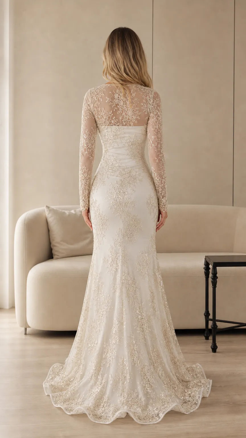 Elegant Embroidered Lace Mermaid Evening Gown with Long Sleeve Bolero