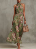 Green Floral Chiffon Halter Maxi Dress