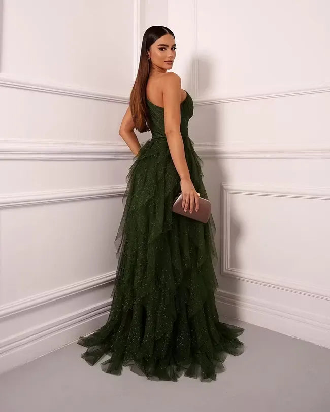 Cocoslly One Shoudler Sleeveless High Waist Long Prom Dress With Ruffles | Forest Green Tulle ZT0560