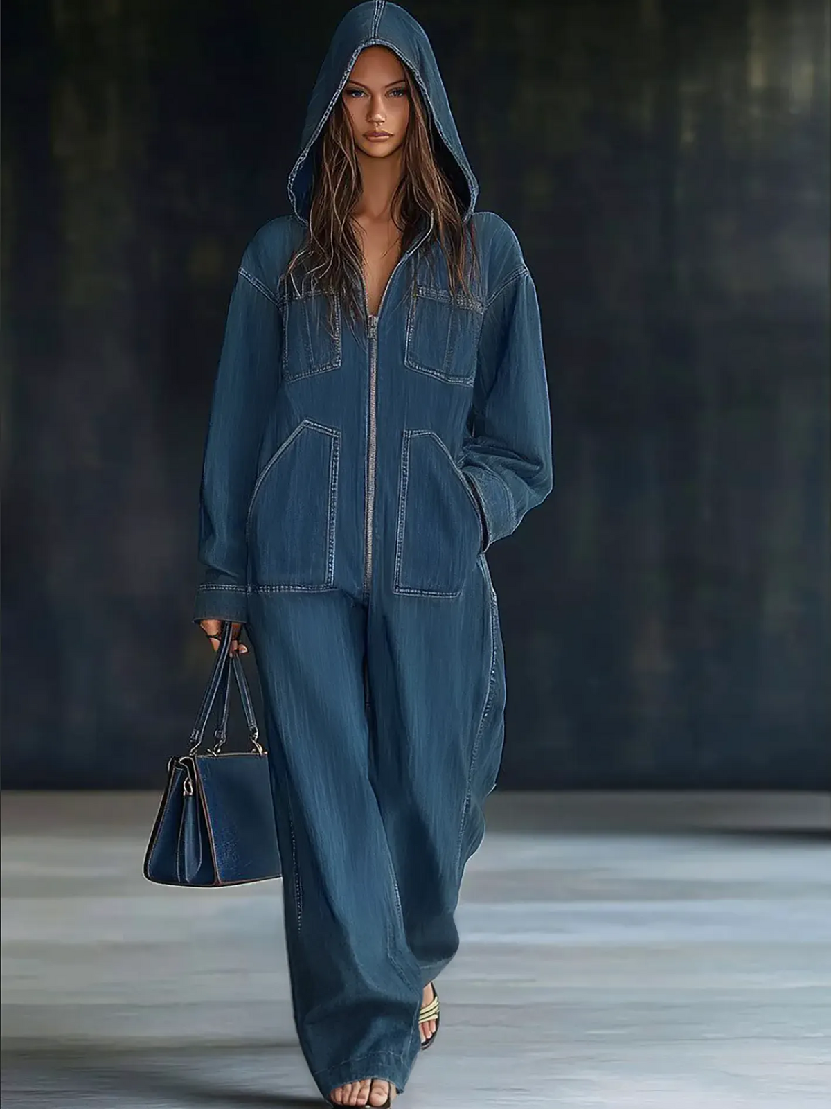 Casual Loose Retro Pocket Long Sleeve Hooded Zipper Denim Jumpsuit
