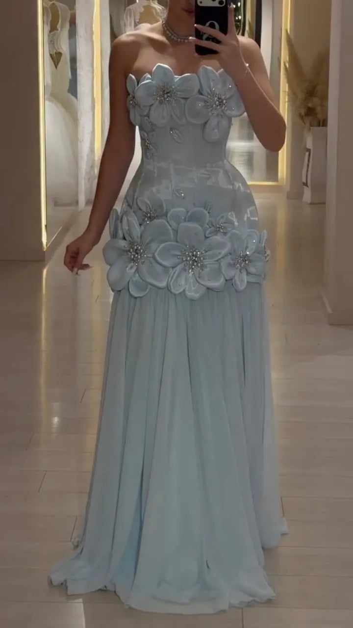 3D Floral Strapless Long Evening Dress