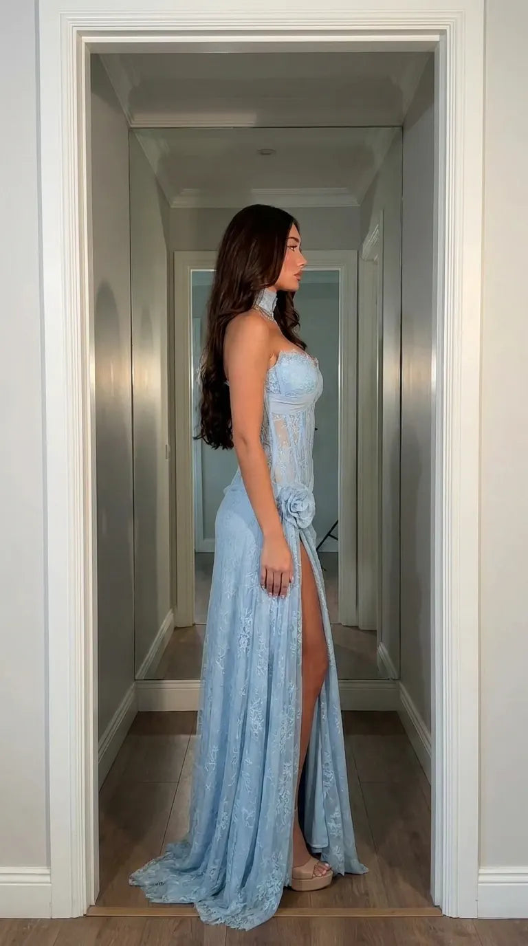 Strapless Lace Boned Corset Evening Gown with Thigh Slit and Choker