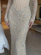 Cocoslly Square Neck Long Sleeves High Waist Long Mermaid Prom Dress With Sequin | Gray Satin CO0040