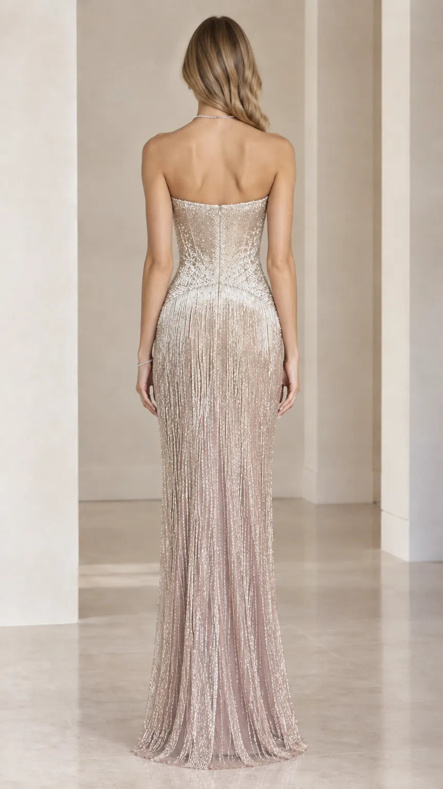Strapless Beaded Fringe Sequin Maxi Evening Gown