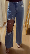Rhinestone Floral Cut‑Out Chain Wide‑Leg Jeans