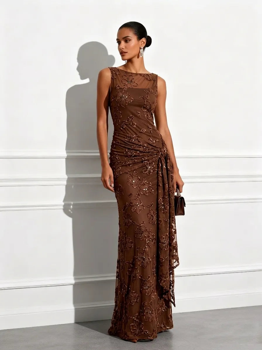 Brown Jacquard Classic Boat Neck Sleeveless Sheath Floor-length Gown Dress