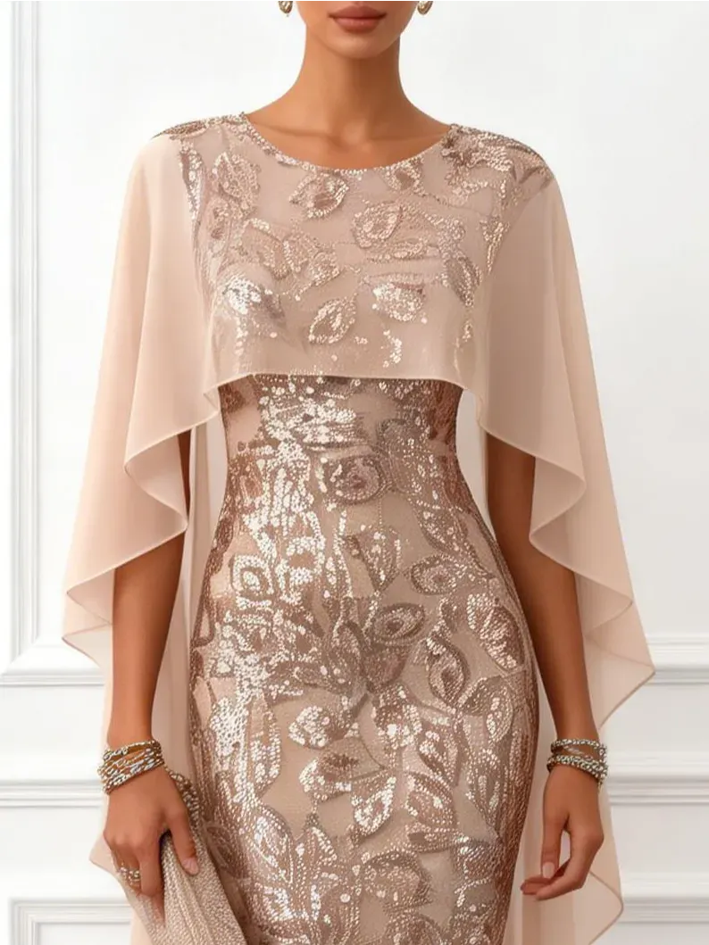 Champagne Glitter Sequin Crew Neck Cap Sleeve Sheath Floor-length Gown Dress