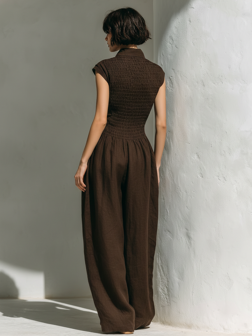 Women's Minimalist Linen Blend Jumpsuit With Cap Sleeves And Wide Legs MDZ0863A5Y