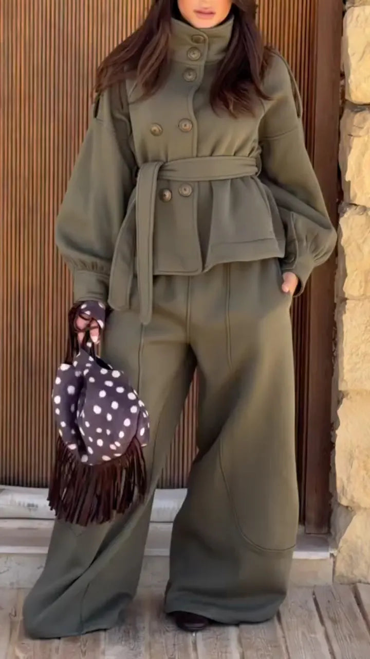 Belted Stand Collar Coat And Wide Leg Pants Two Piece Set