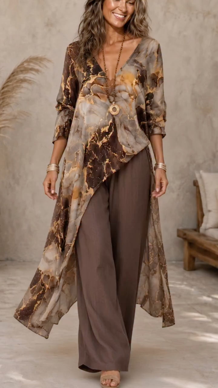 # Bohemian Printed Long Kimono And Wide‑Leg Pants Two‑Piece Set