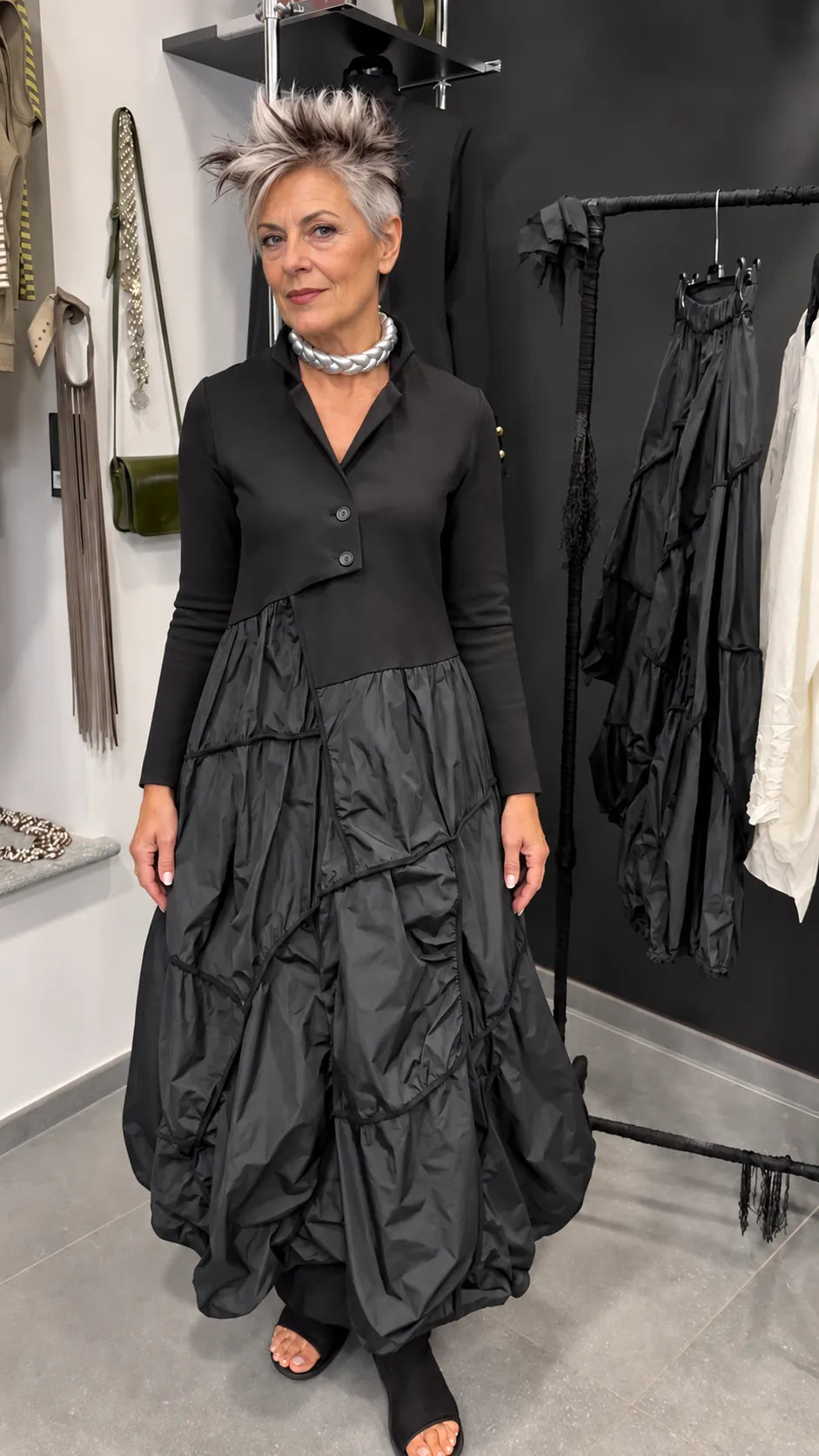 Black Tailored Mixed-Media Sculptural Maxi Dress