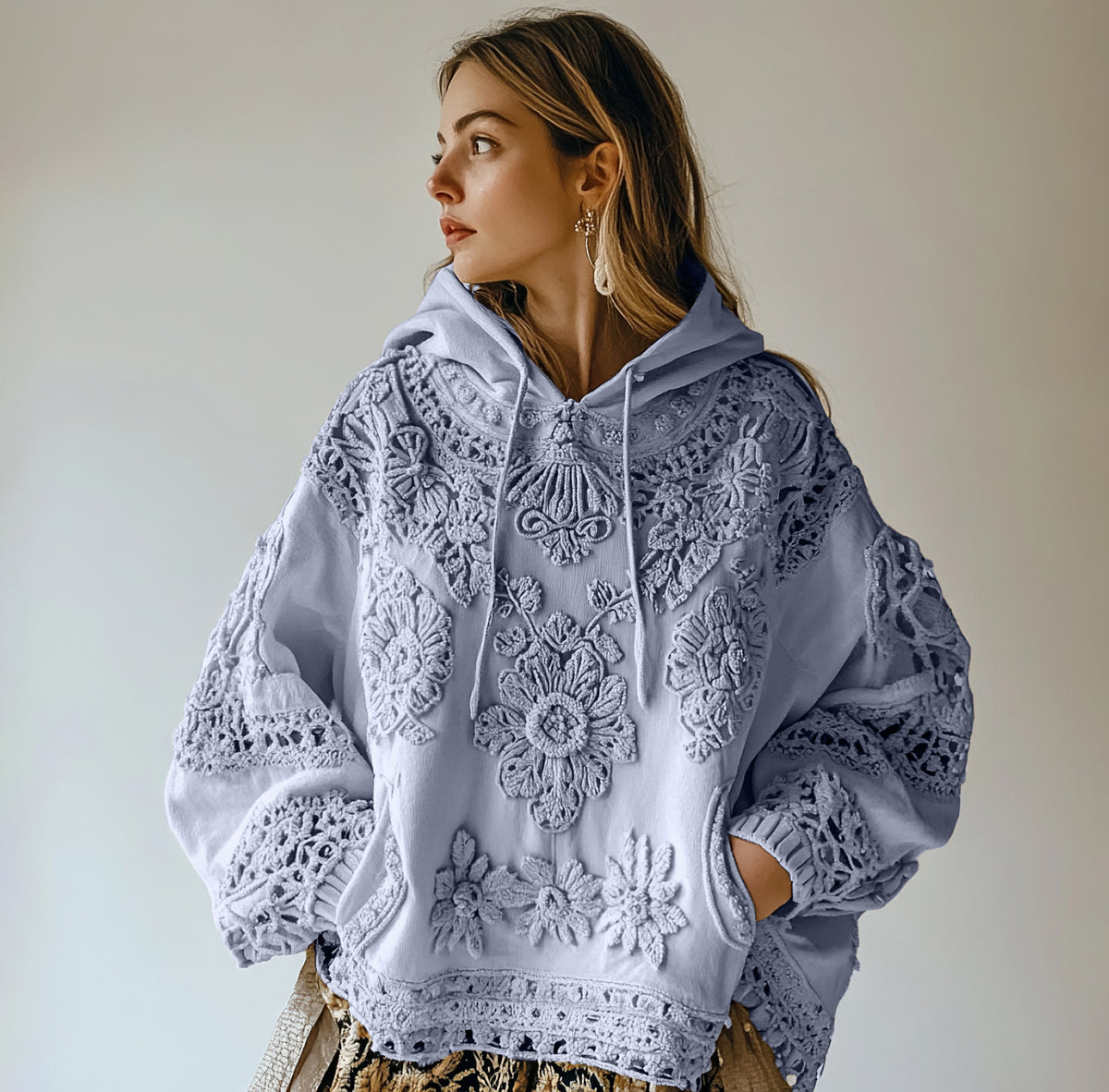 Women's Floral Embroidery Art Casual Cozy Hoodie