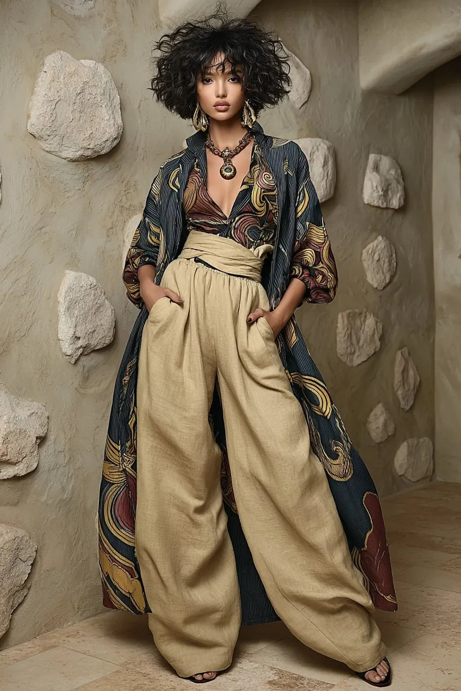 Women's Casual Linen Top Pants Jacket 3 Piece Set