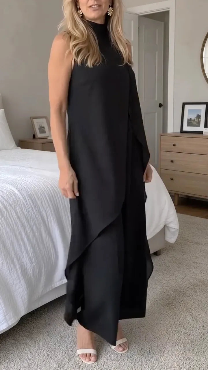 Mock Neck Sleeveless Draped Wide Leg Pants Set