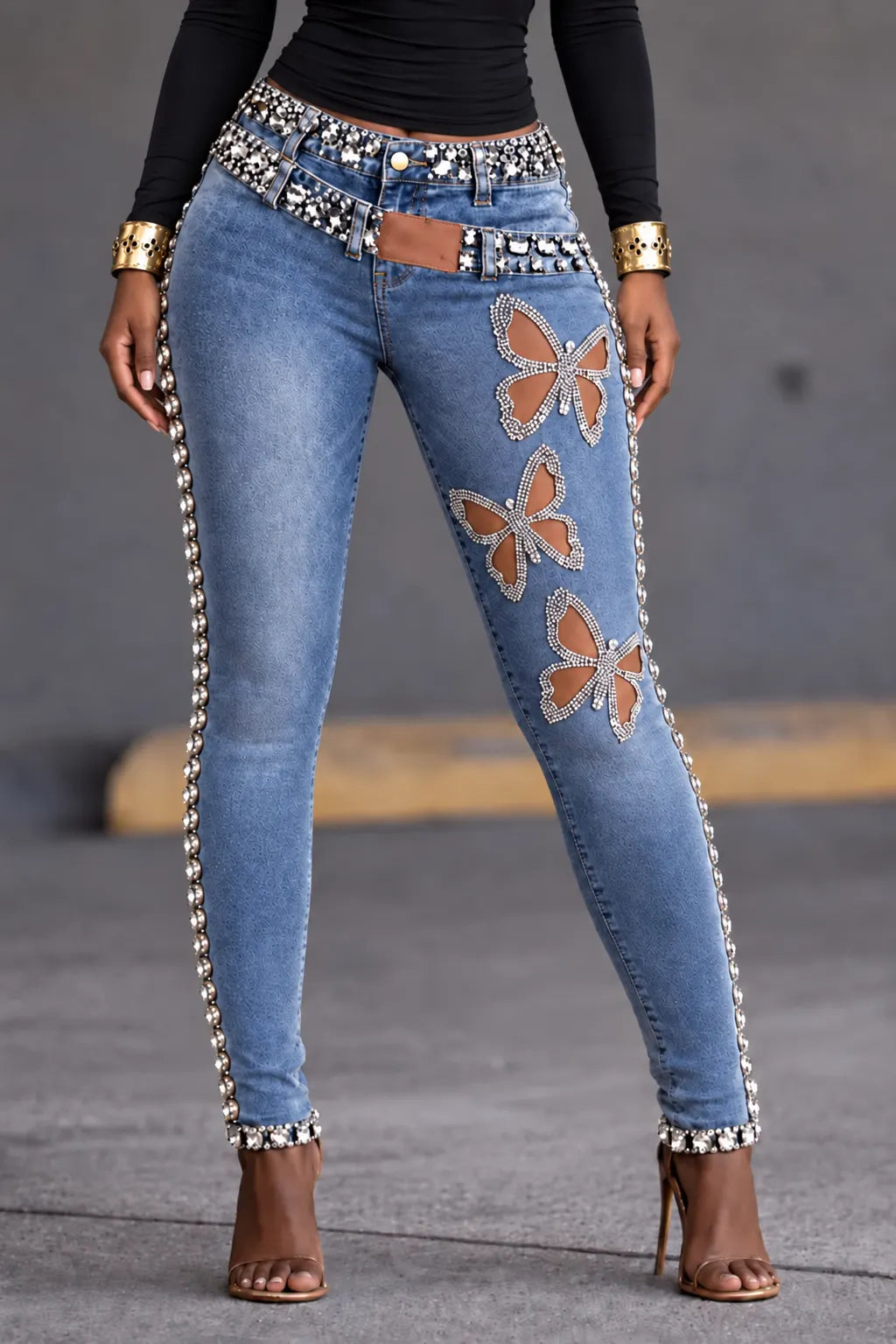 Crystal-Trim Butterfly-Cutout Double-Waist Skinny Jeans