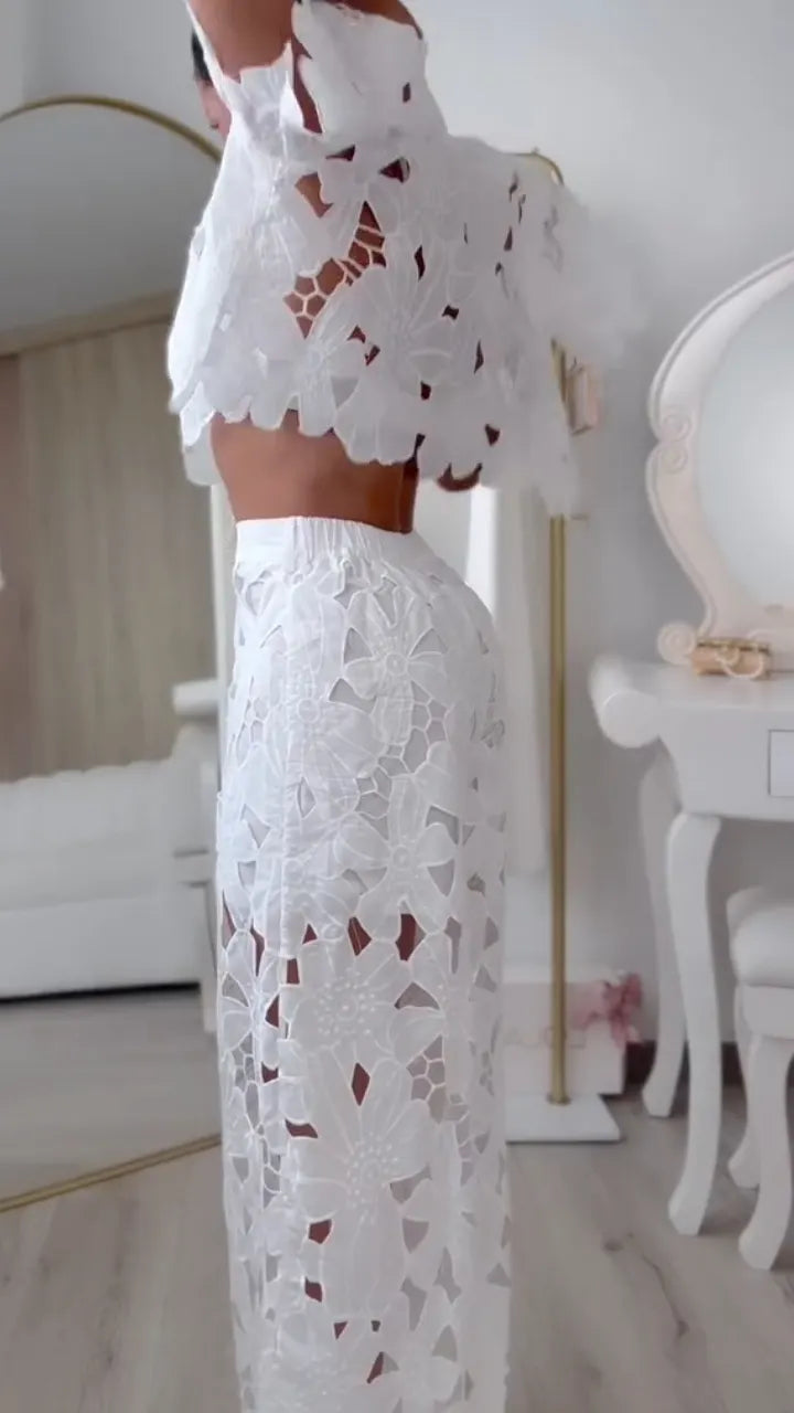 Floral Cutwork Lace Shirt & Wide Leg Pants Two‑Piece Set