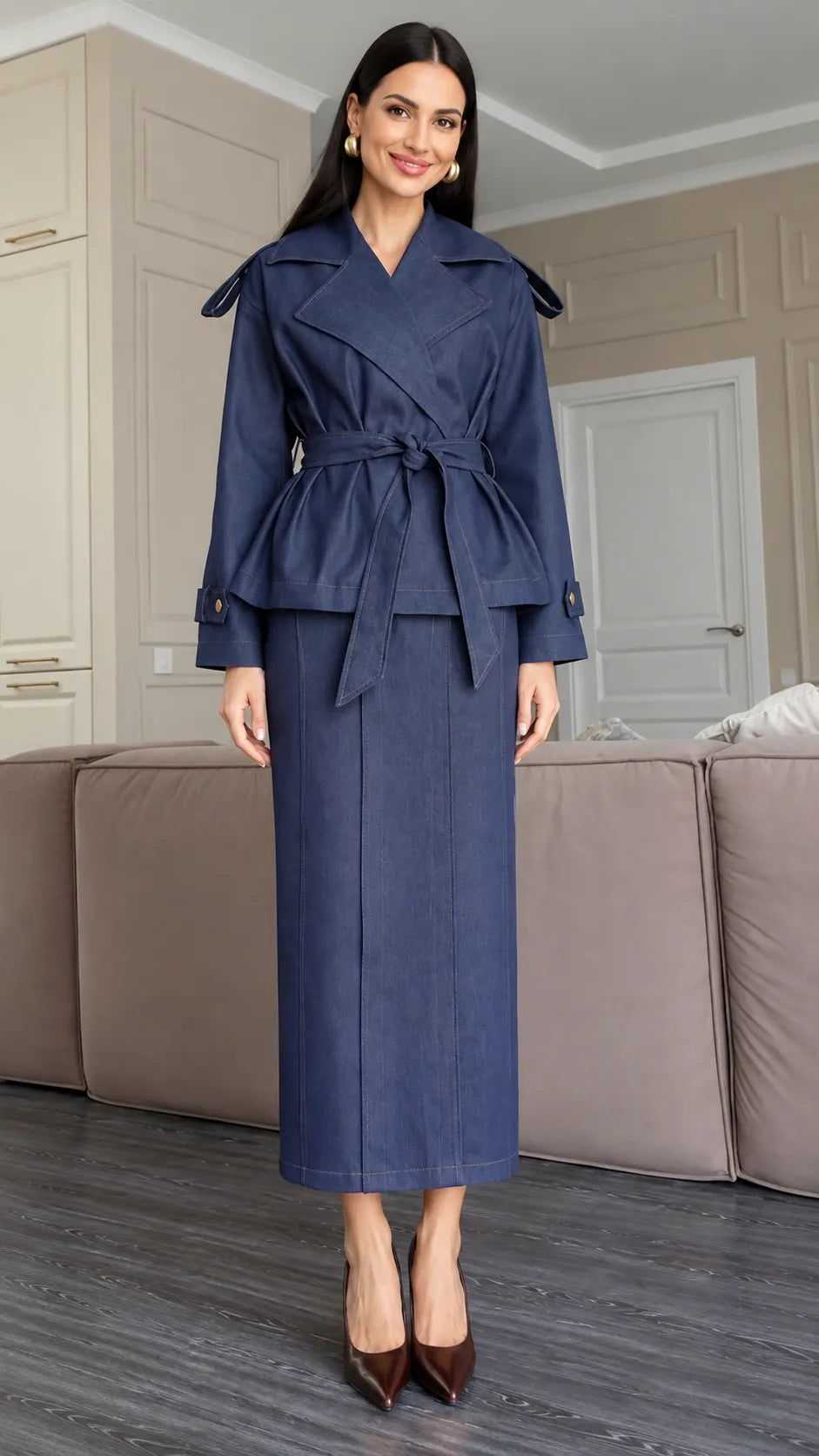 Denim Belted Jacket And Midi Skirt Two Piece Set