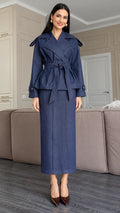 Denim Belted Jacket And Midi Skirt Two Piece Set