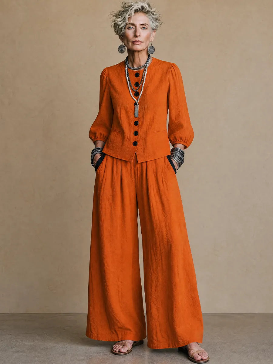 Women's Vintage Elegant Cotton-Linen Set: Single-Breasted Lantern-Sleeve Shirt And Elastic-Waist Wide-Leg Pants ZMZ1379H9ZYY