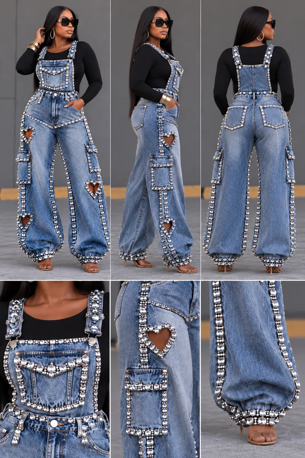 Rhinestone Heart Cutout Denim Overalls