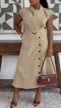 Belted Button-Front Midi Dress