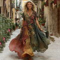 The Sunset Collection Vintage Rose And Floral Gradient Art Linen V Neck Maxi Dress
