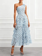 Purplish Blue 3D Floral Embroidery Classic One Shoulder Sleeveless A-Line Midi Dress