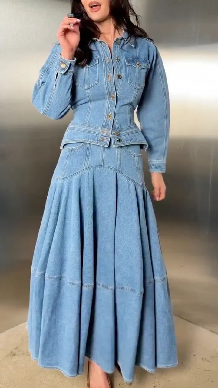 Denim Jacket And Maxi Skirt Two Piece Set