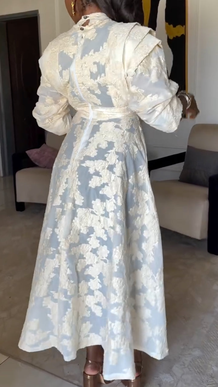 Lace Floral Midi Dress With Stand Collar