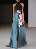 Black Floral Slit Satin Halter Neck Sleeveless A-Line Floor-length Gown Dress