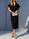 Black Slit Classic V Neck Short Sleeve Dolman Sleeve Sheath Midi Dress With Belt