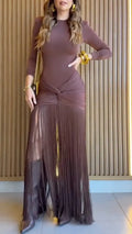 Brown Long Sleeve Twist Front Fringe Maxi Dress