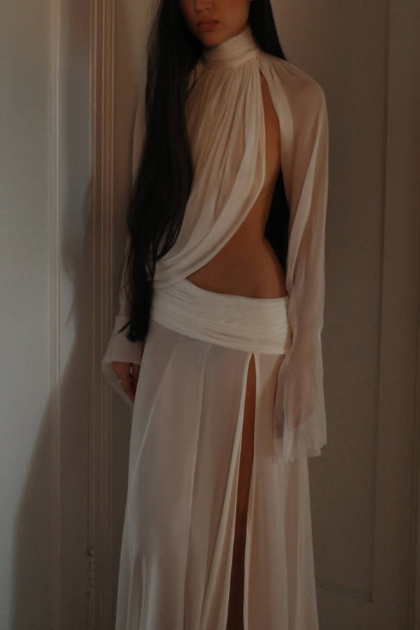Sexy See-through High-neck Long-sleeved Draped Top and High-waisted Slit Maxi Skirt Vacation Set