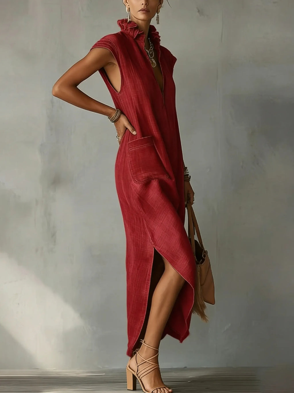 Elegant Ruff Collar Fashion Linen Cotton Midi Dress