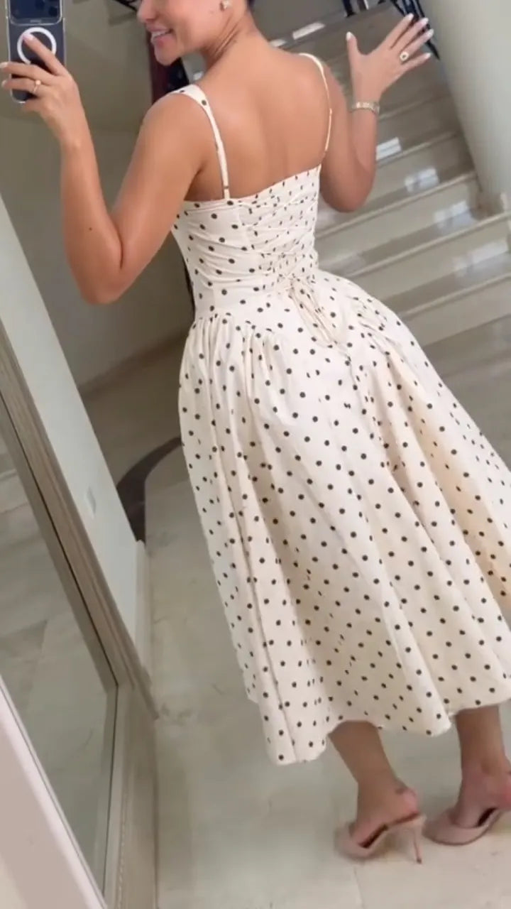 Square Neck Sleeveless Polka Dot Midi Dress