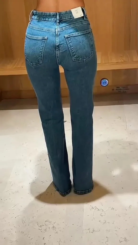 Mid Wash Straight Leg Flare Jeans