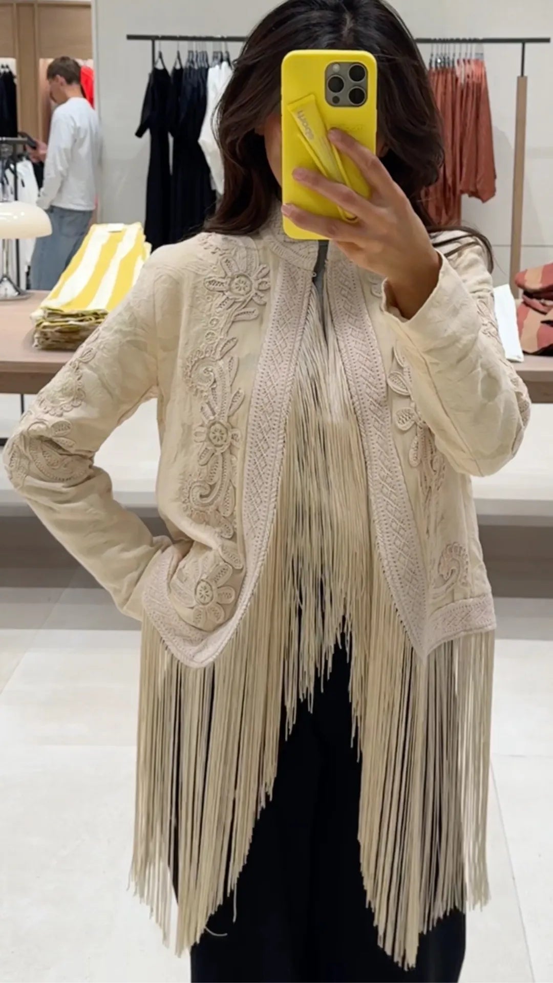 Cream Floral Embroidered Fringe Boho Jacket