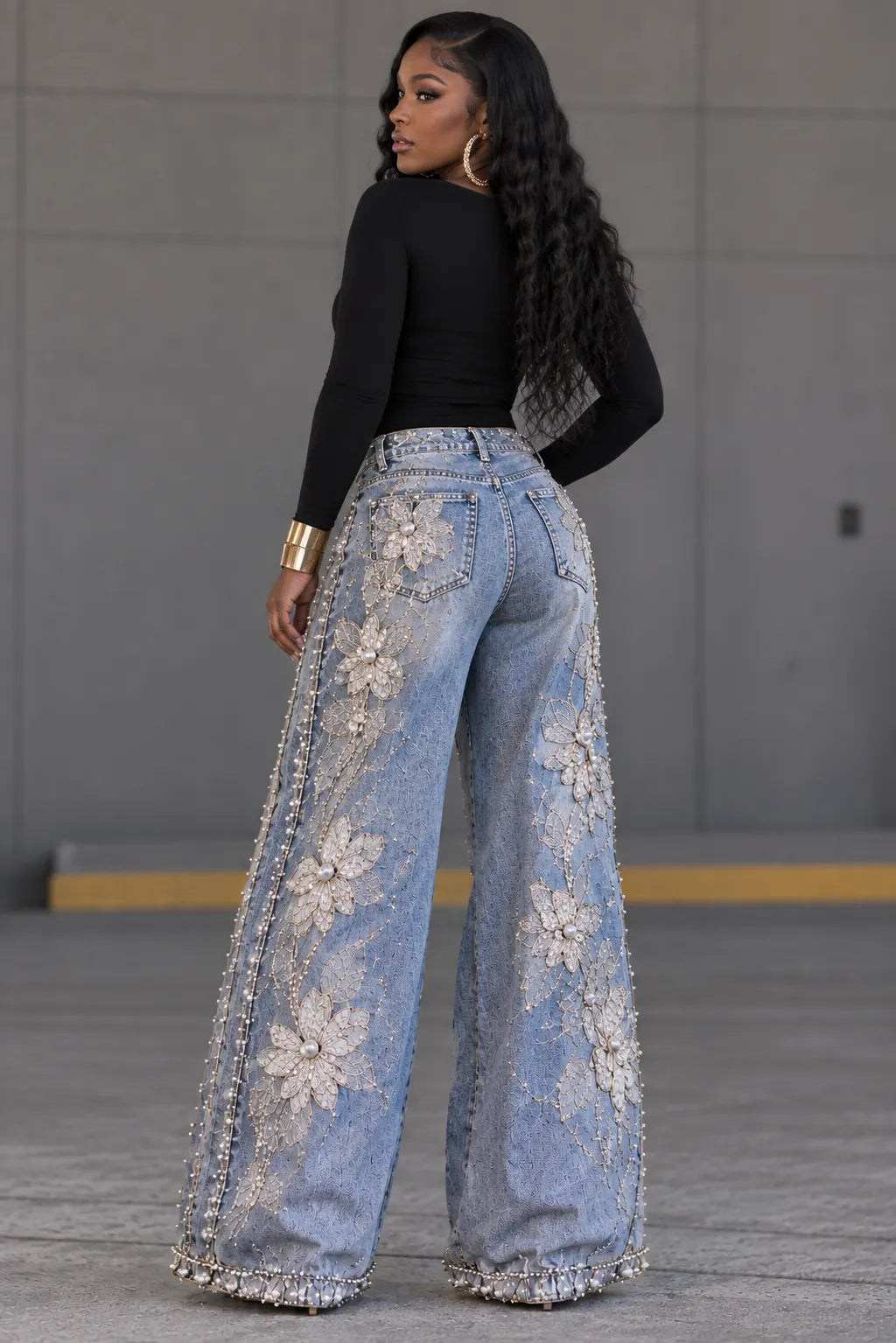 Beaded Floral Embellished Wide Leg Jeans
