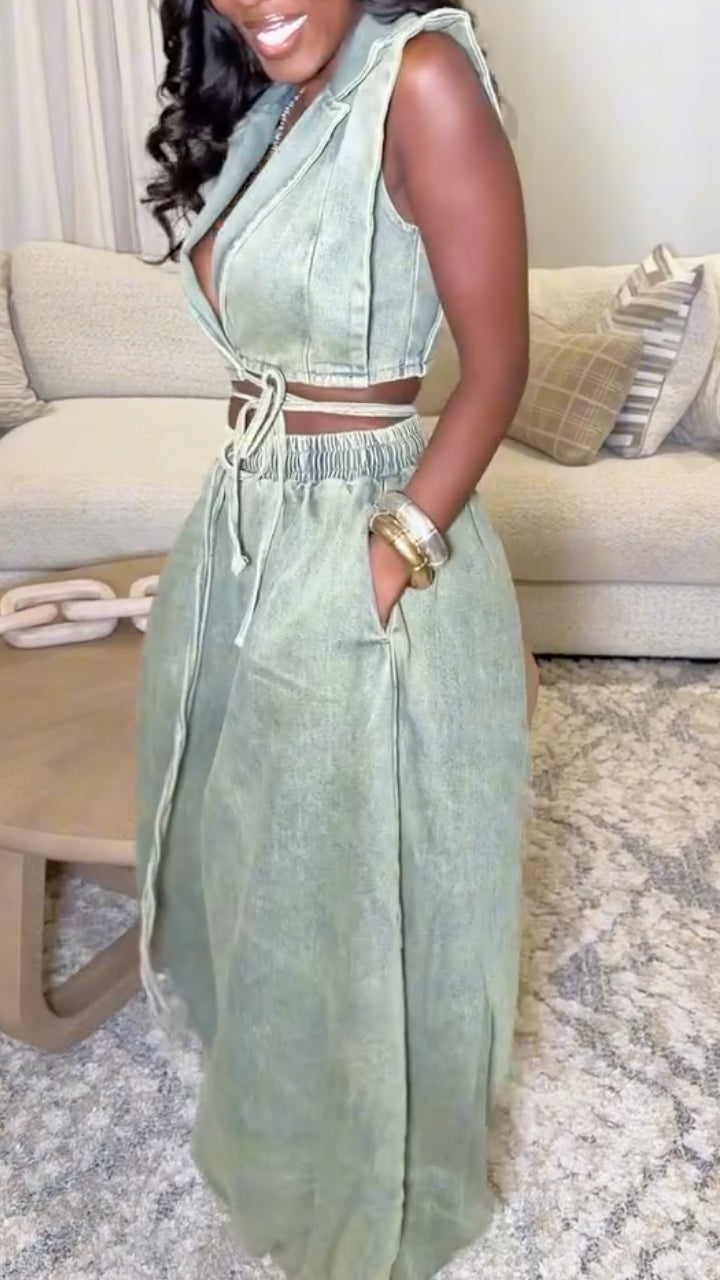 Wrap Crop Top & Wide Leg Pant Two‑Piece Set