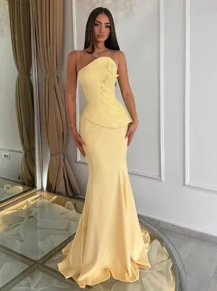 Cocoslly Strapless Sleeveless High Waist Long Mermaid Prom Dress With Appliques | Daffodil Satin LX0089