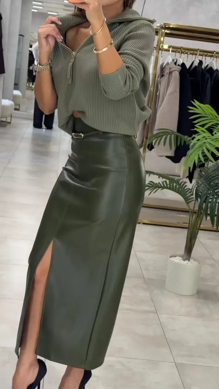 Half Zip Ribbed Knit Sweater And Green Leather Midi Skirt Outfit