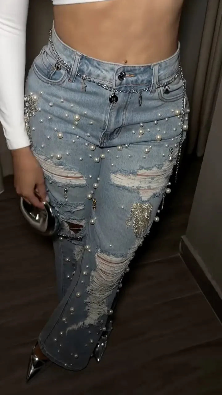 Wash Distressed Pearl Rhinestone Wide Leg Jeans