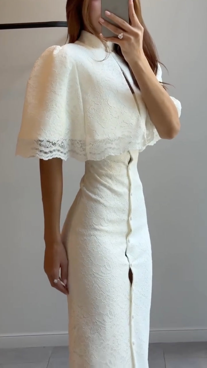 Cape-Overlay Lace Column Dress