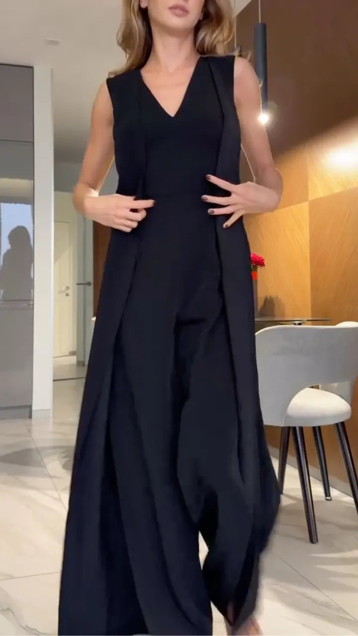 Sleeveless Lapel Blazer Overlay Wide‑Leg Jumpsuit