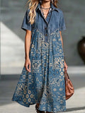 Casual Paisley-print Paneled Denim Dress