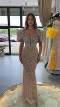 Deep Plunge Embellished Sequin Mermaid Evening Gown